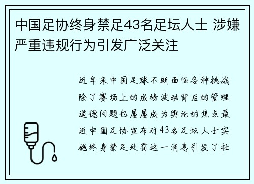 中国足协终身禁足43名足坛人士 涉嫌严重违规行为引发广泛关注