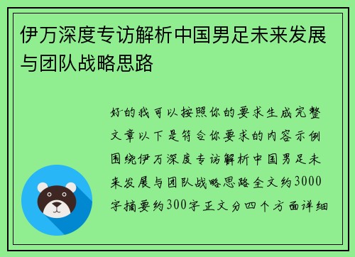 伊万深度专访解析中国男足未来发展与团队战略思路
