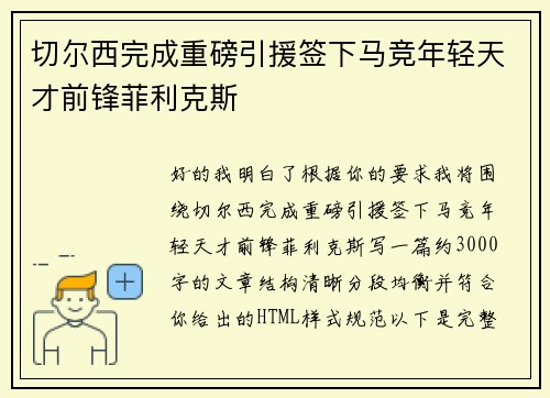 切尔西完成重磅引援签下马竞年轻天才前锋菲利克斯
