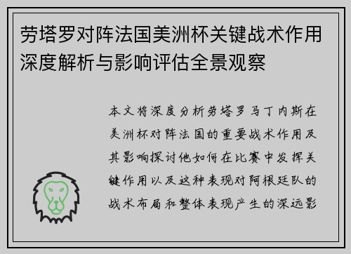 劳塔罗对阵法国美洲杯关键战术作用深度解析与影响评估全景观察